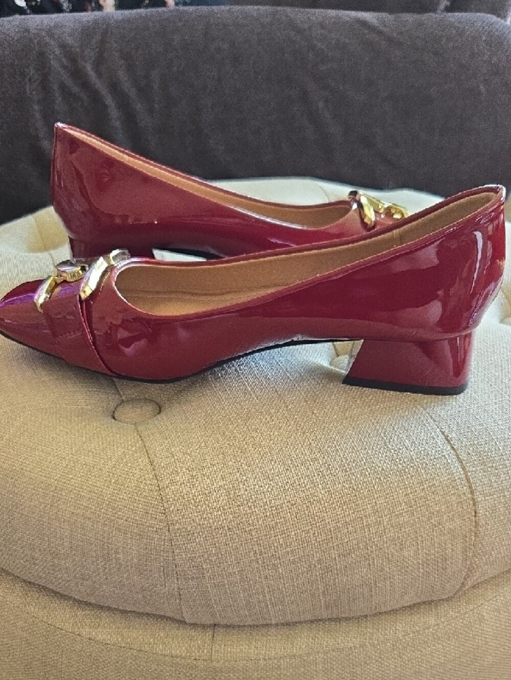 Red Patent Low Heels with Gold Accent - Picture 5 of 5